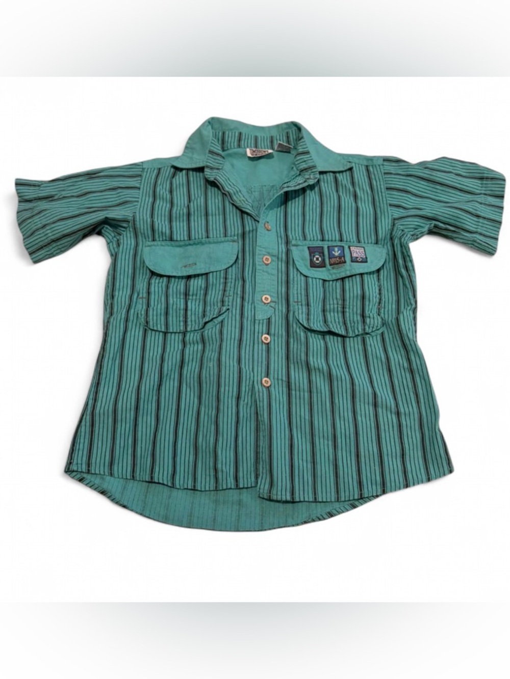 Vintage Tomorrow Generation Youth Striped Shirt Green Button Up Patches 8-10